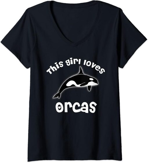 Womens This Girl Loves Orcas Lover T-Shirt Funny Killer Whale V-Neck T-Shirt