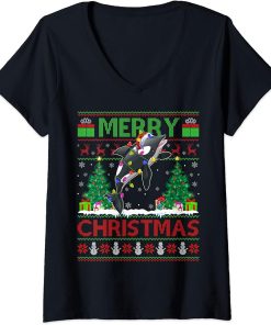 Womens Orca Fish Lover Xmas Lighting Santa Ugly Orca Christmas V-Neck T-Shirt